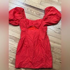 Redish Orange Puff Sleeve Cutout Midi Dress